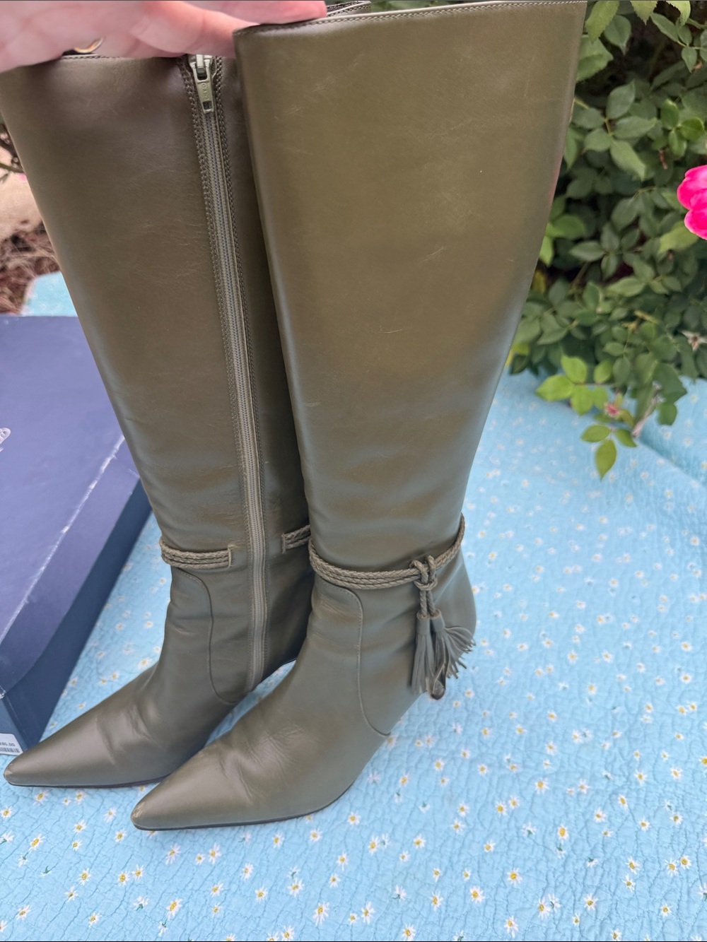 Faconnable Olive Green Knee-High Pointed-Toe Leather Boots - Picture 2 of 12